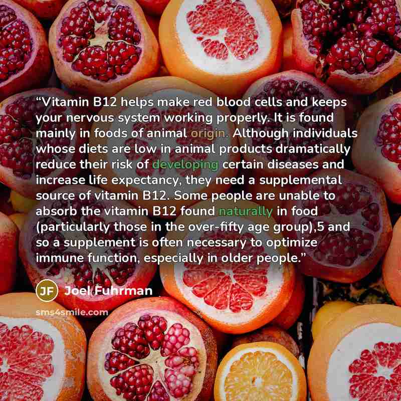 “Vitamin B12 helps make red blood cells and keeps your nervous system working properly. It is found mainly in foods of animal origin. Although individuals whose diets are low in animal products dramatically reduce their risk of developing certain diseases and increase life expectancy, they need a…” quote by Joel Fuhrman