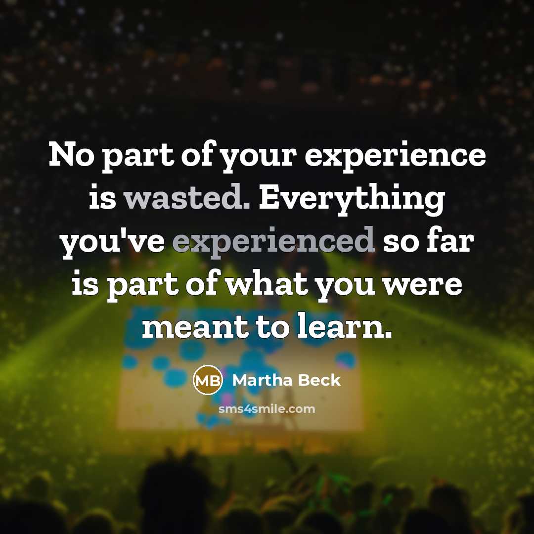 “No part of your experience is wasted. Everything you've experienced so far is part of what you were meant to learn.” quote by Martha Beck