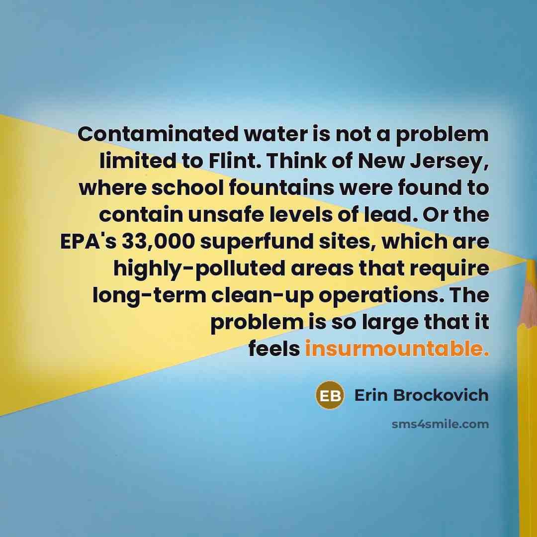 “Contaminated water is not a problem limited to Flint. Think of New Jersey, where school fountains were found to contain unsafe levels of lead. Or the EPA's 33,000 superfund sites, which are highly-polluted areas that require long-term clean-up operations. The problem is so large that it feels…” quote by Erin Brockovich
