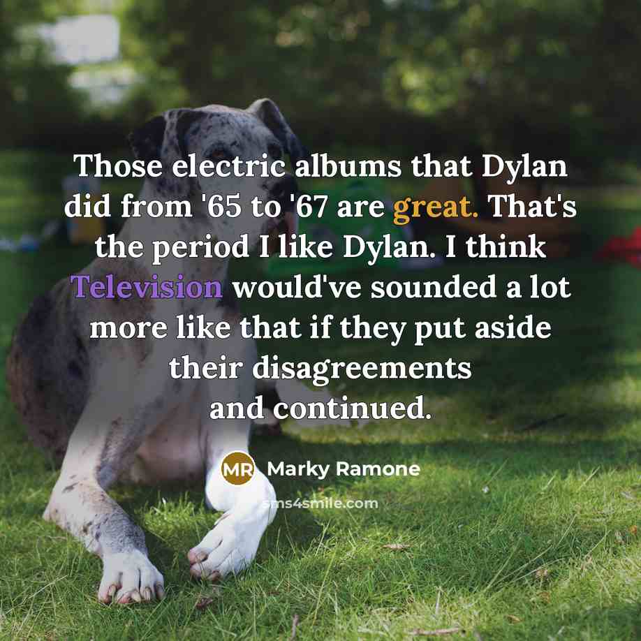 “Those electric albums that Dylan did from '65 to '67 are great. That's the period I like Dylan. I think Television would've sounded a lot more like that if they put aside their disagreements and continued.” quote by Marky Ramone