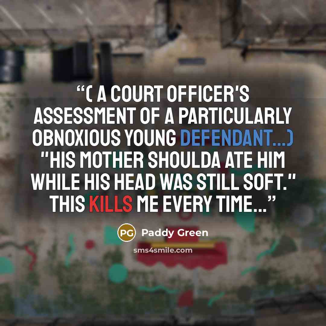 “( a court officer's assessment of a particularly obnoxious young defendant...) "His mother shoulda ate him while his head was still soft." This kills me every time...” quote by Paddy Green