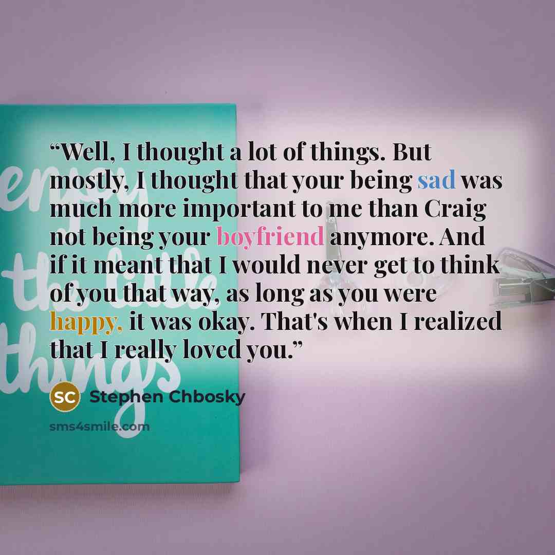 “Well, I thought a lot of things. But mostly, I thought that your being sad was much more important to me than Craig not being your boyfriend anymore. And if it meant that I would never get to think of you that way, as long as you were happy, it was okay. That's when I realized that I really loved…” quote by Stephen Chbosky