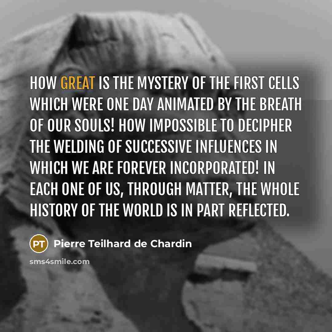 “How great is the mystery of the first cells which…” quote by Pierre Teilhard de Chardin