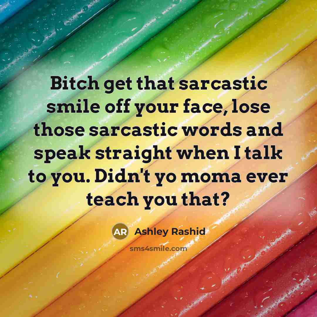 “Bitch get that sarcastic smile off your face, lose those sarcastic words and speak straight when I talk to you. Didn't yo moma ever teach you that?” quote by Ashley Rashid
