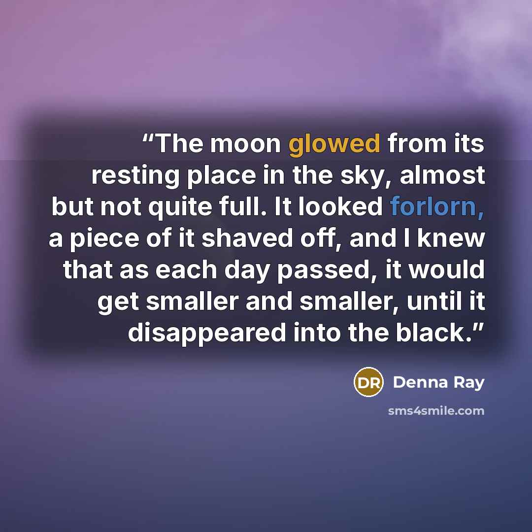 “The moon glowed from its resting place in the sky, almost but not quite full. It looked forlorn, a piece of it shaved off, and I knew that as each day passed, it would get smaller and smaller, until it disappeared into the black.” quote by Denna Ray