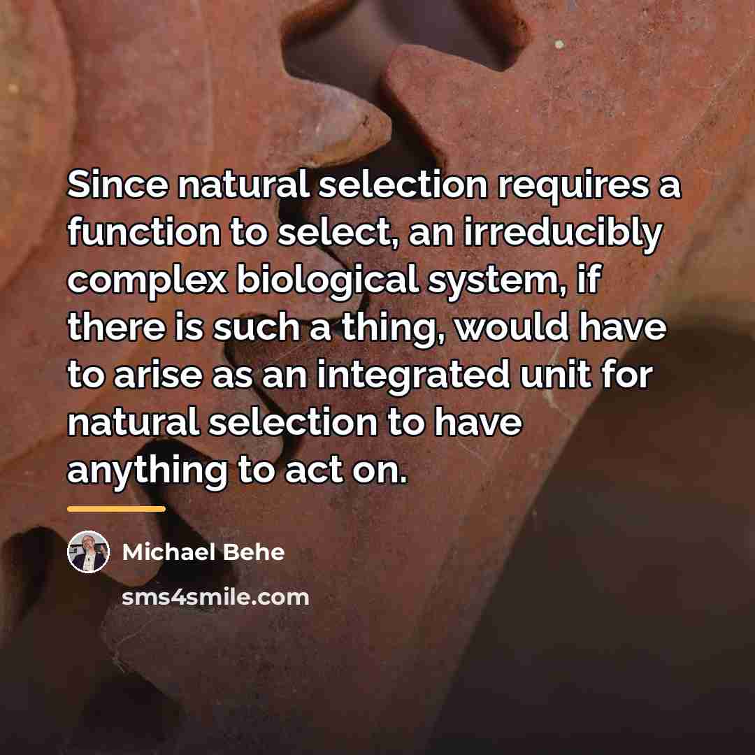 “Since natural selection requires a function to select, an irreducibly…” quote by Michael Behe