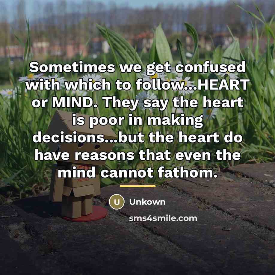 “Sometimes we get confused with which to follow...HEART or MIND.…” quote by Unkown