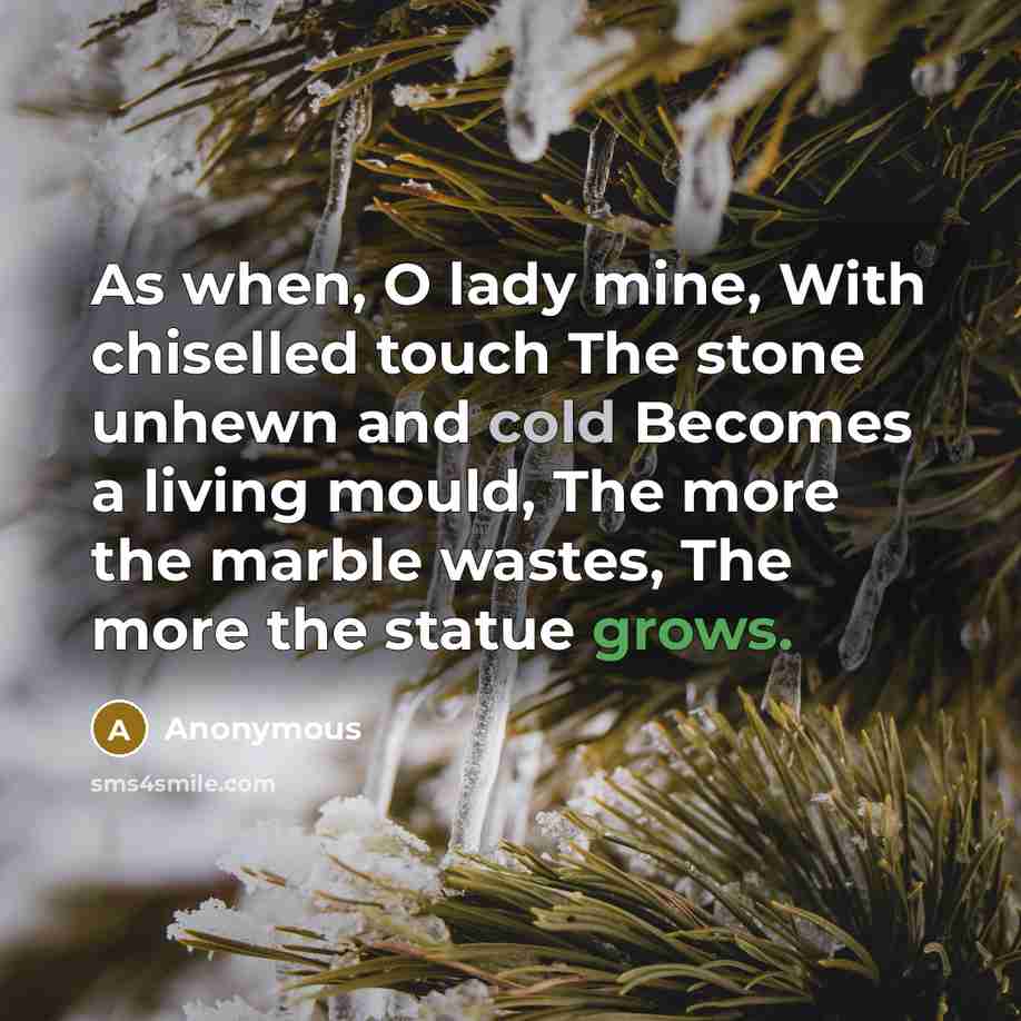 “As when, O lady mine, With chiselled touch The stone unhewn and cold Becomes a living mould, The more the marble wastes, The more the statue grows.” quote by Anonymous