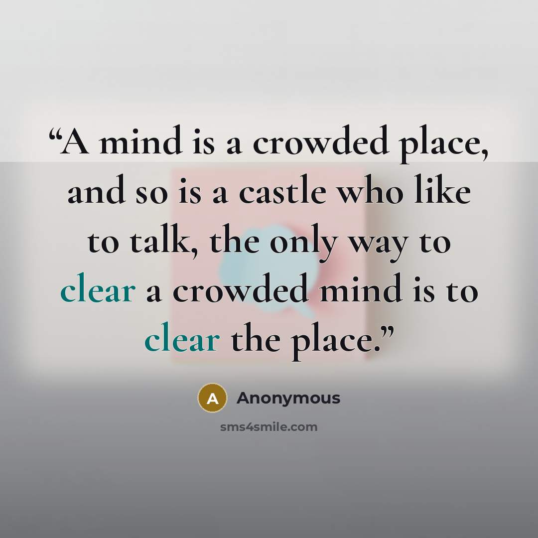 “A mind is a crowded place, and so is a castle who like to talk, the only way to clear a crowded mind is to clear the place.” quote by Anonymous