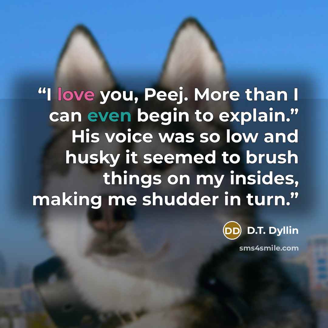 “I love you, Peej. More than I can even begin to explain.” His voice was so low and husky it seemed to brush things on my insides, making me shudder in turn.” quote by D.T. Dyllin