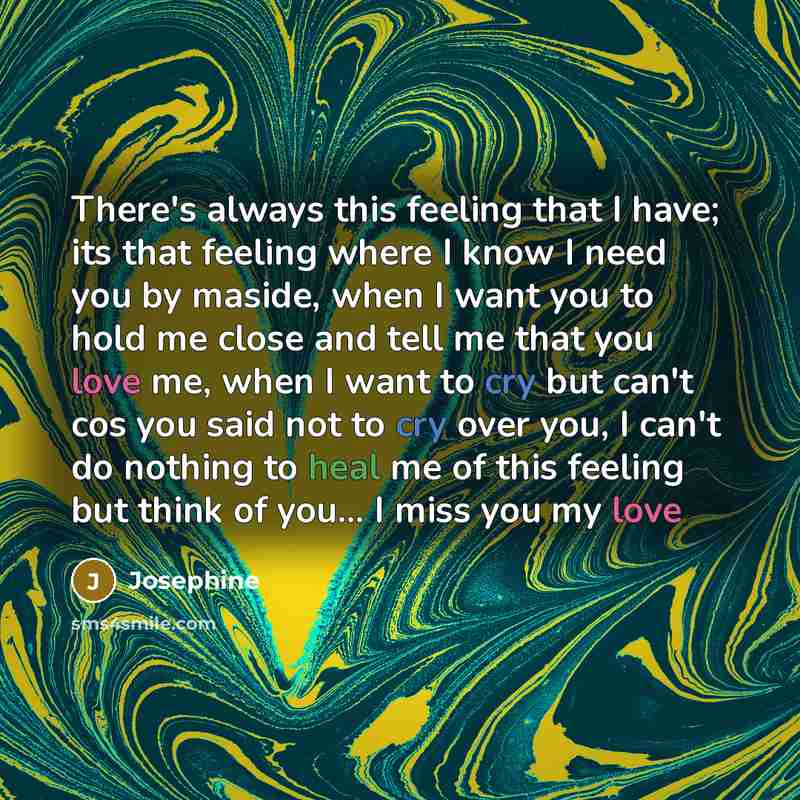 “There's always this feeling that I have; its that feeling where I know I need you by maside, when I want you to hold me close and tell me that you love me, when I want to cry but can't cos you said not to cry over you, I can't do nothing to heal me of this feeling but think of you… I miss you my…” quote by Josephine