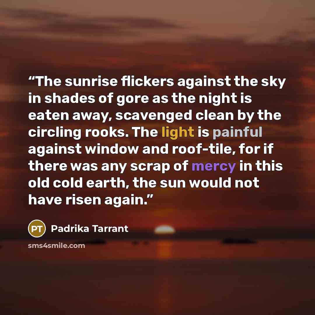“The sunrise flickers against the sky in shades of gore as the night is eaten away, scavenged clean by the circling rooks. The light is painful against window and roof-tile, for if there was any scrap of mercy in this old cold earth, the sun would not have risen again.” quote by Padrika Tarrant