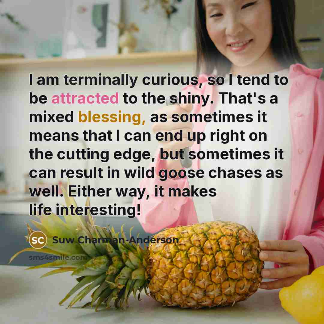 “I am terminally curious, so I tend to be attracted to the shiny. That's a mixed blessing, as sometimes it means that I can end up right on the cutting edge, but sometimes it can result in wild goose chases as well. Either way, it makes life interesting!” quote by Suw Charman-Anderson
