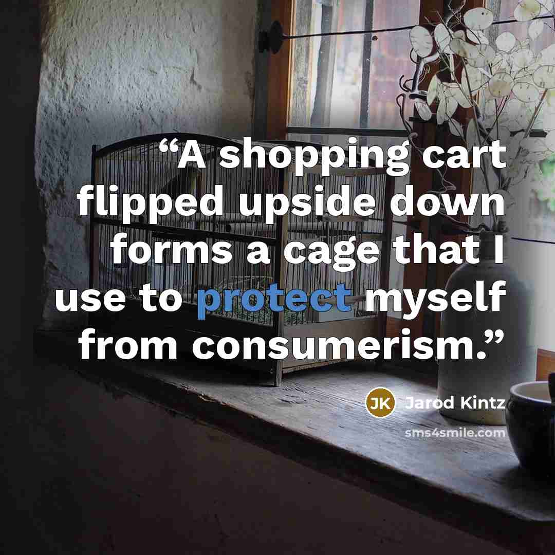 “A shopping cart flipped upside down forms a cage that I use to protect myself from consumerism.” quote by Jarod Kintz