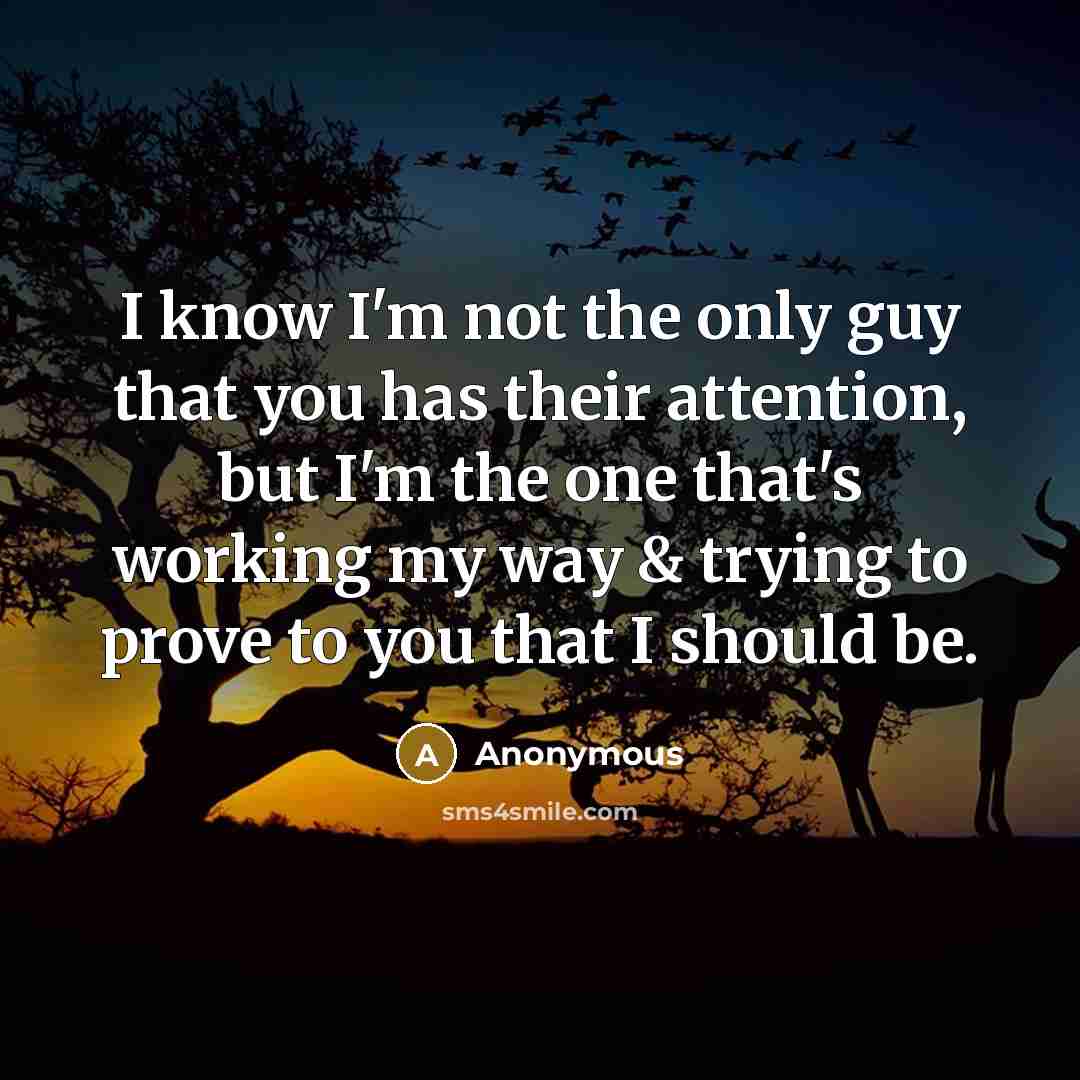“I know I'm not the only guy that you has their attention, but I'm the one that's working my way & trying to prove to you that I should be.” quote by Anonymous