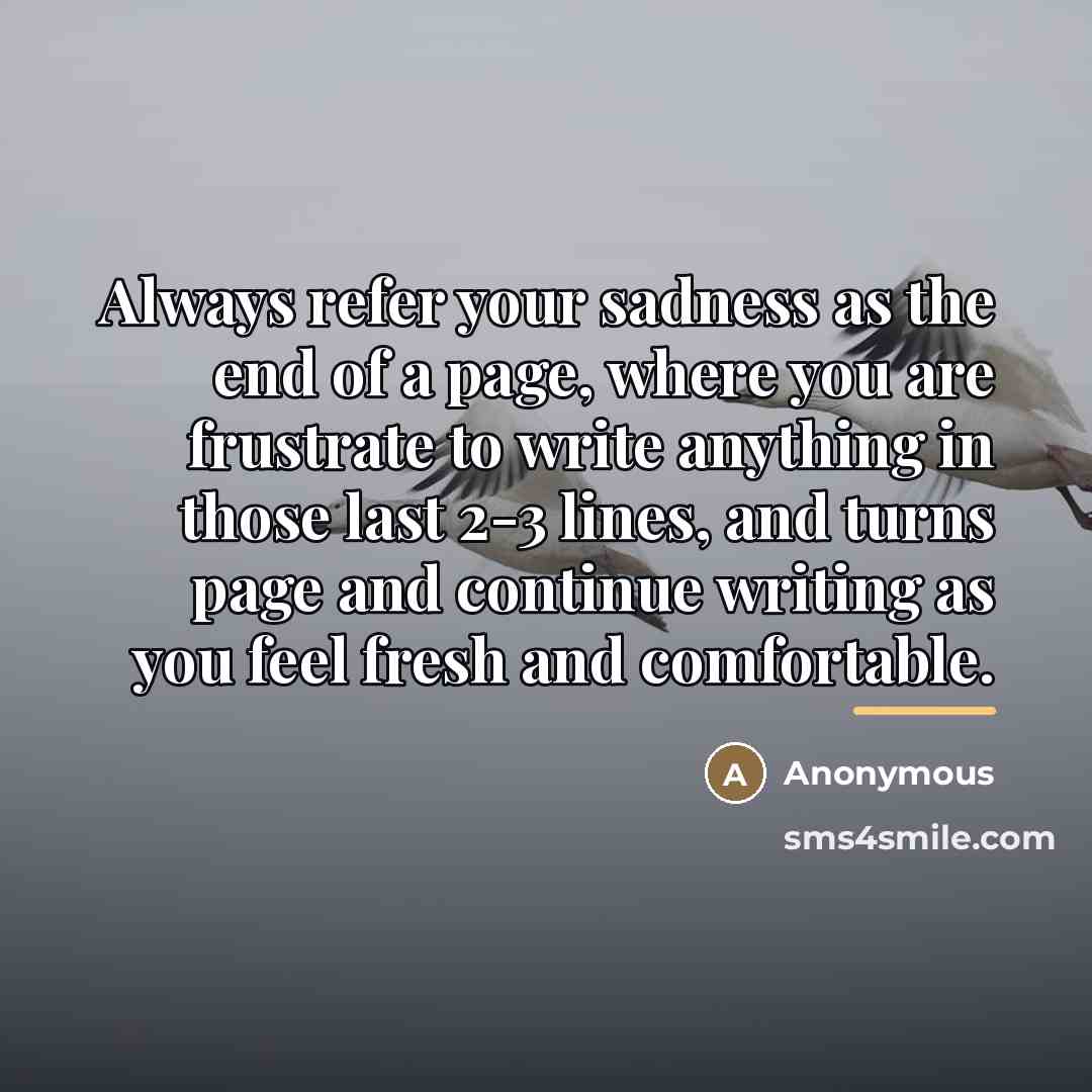 “Always refer your sadness as the end of a page, where you are frustrate to write anything in those last 2-3 lines, and turns page and continue writing as you feel fresh and comfortable.” quote by Anonymous