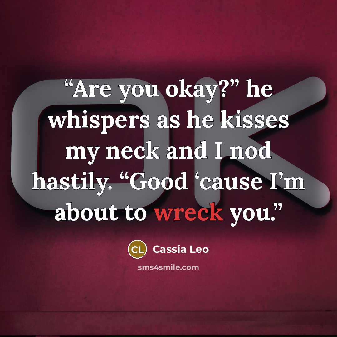“Are you okay?” he whispers as he kisses my neck and I nod hastily. “Good ‘cause I’m about to wreck you.” quote by Cassia Leo