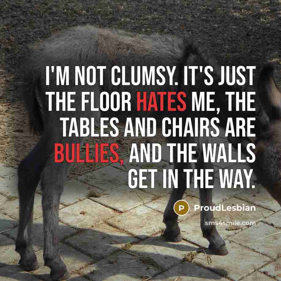 “I'm not clumsy. It's just the floor hates me, the tables and chairs are bullies, and the walls get in the way.” quote by ProudLesbian