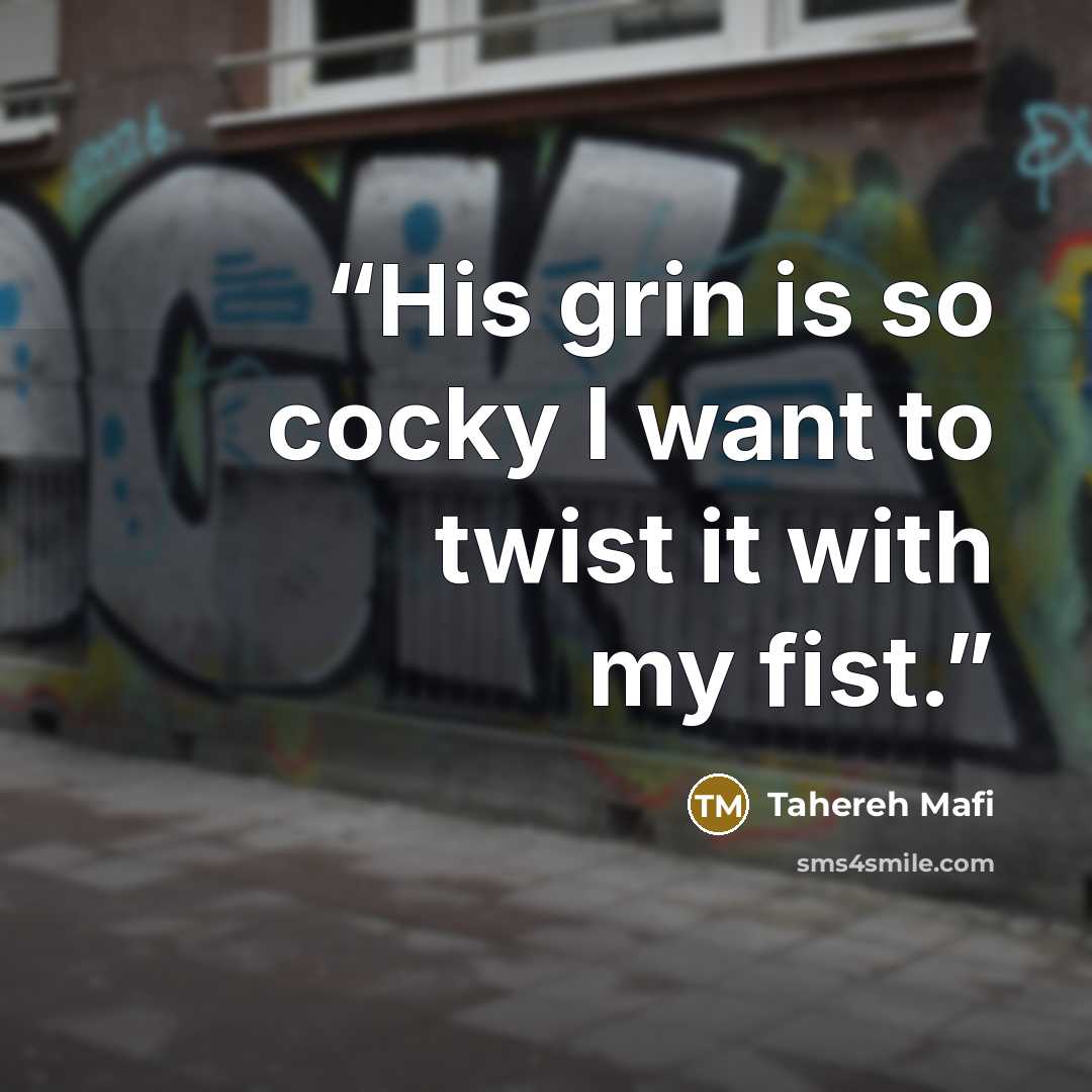 “His grin is so cocky I want to twist it with my fist.” quote by Tahereh Mafi