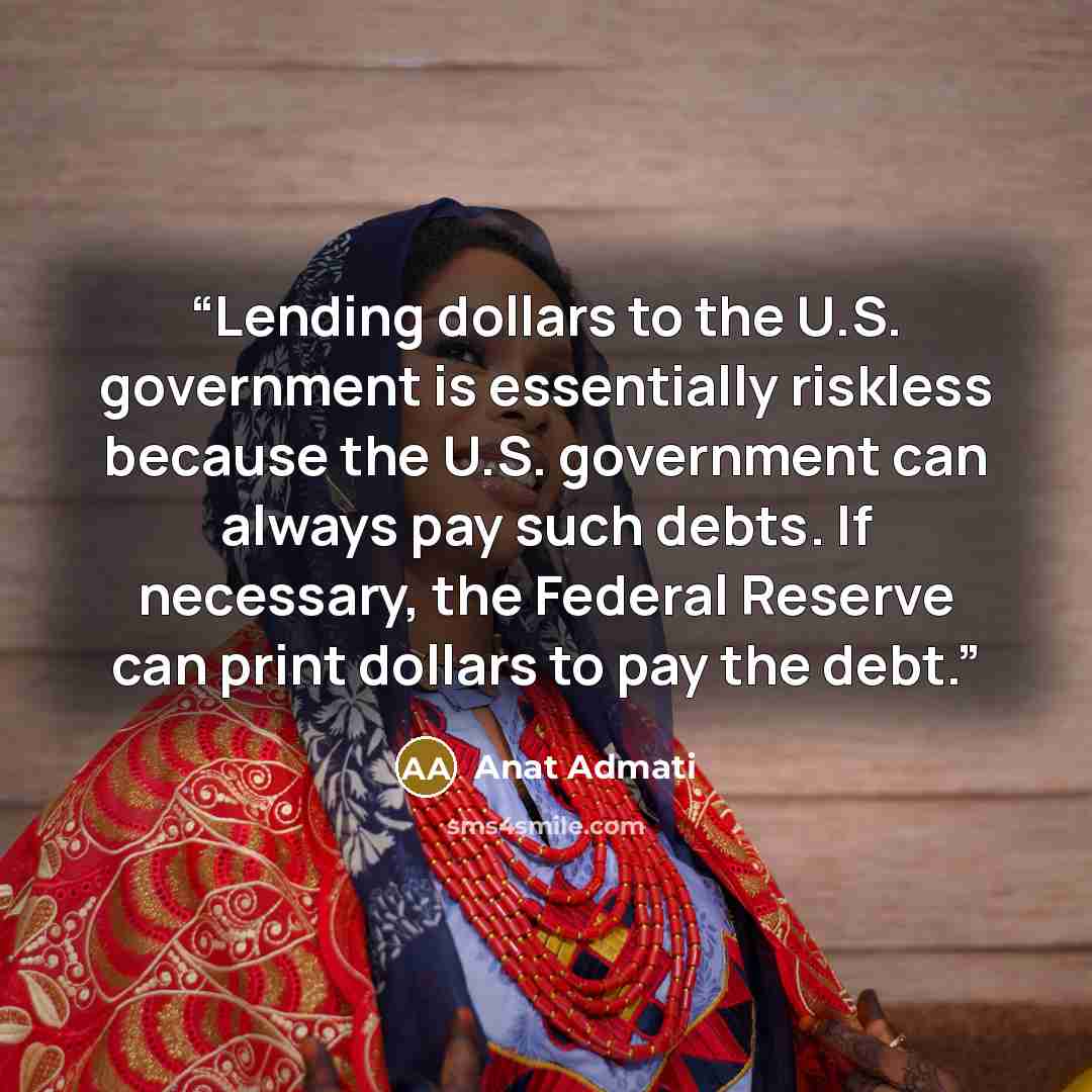 “Lending dollars to the U.S. government is essentially riskless because the U.S. government can always pay such debts. If necessary, the Federal Reserve can print dollars to pay the debt.” quote by Anat Admati