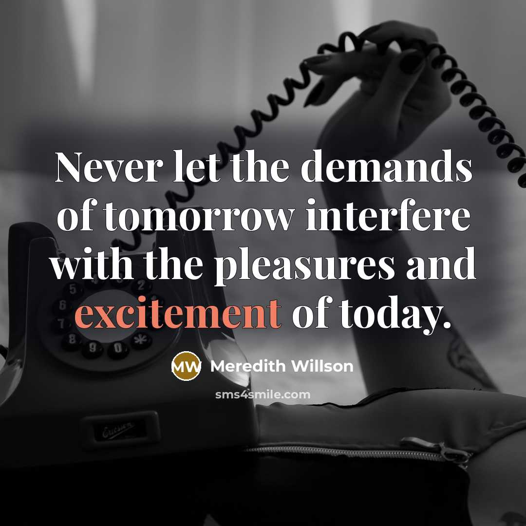 “Never let the demands of tomorrow interfere with the pleasures…” quote by Meredith Willson