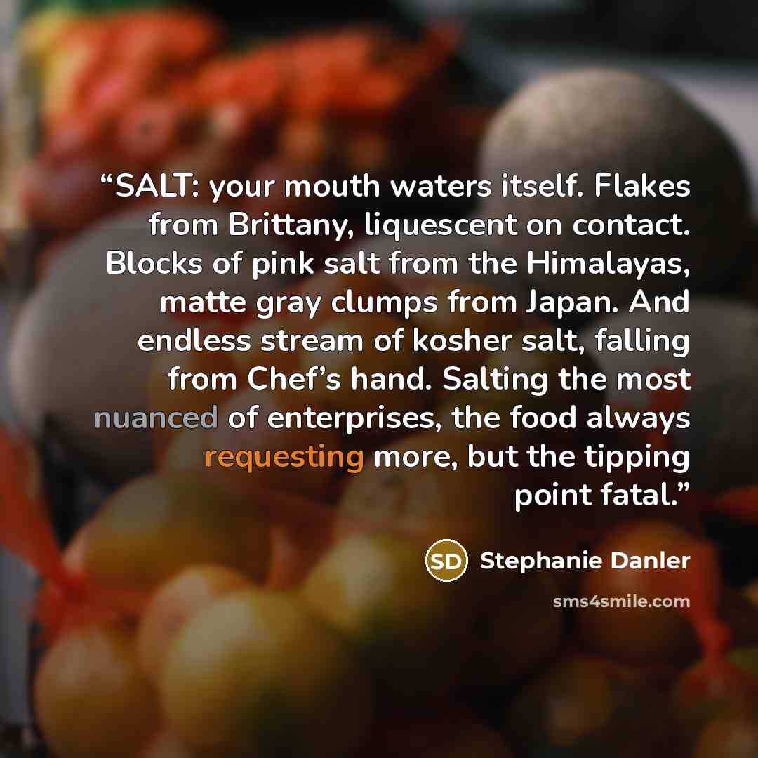 “SALT: your mouth waters itself. Flakes from Brittany, liquescent on contact. Blocks of pink salt from the Himalayas, matte gray clumps from Japan. And endless stream of kosher salt, falling from Chef’s hand. Salting the most nuanced of enterprises, the food always requesting more, but the tipping…” quote by Stephanie Danler