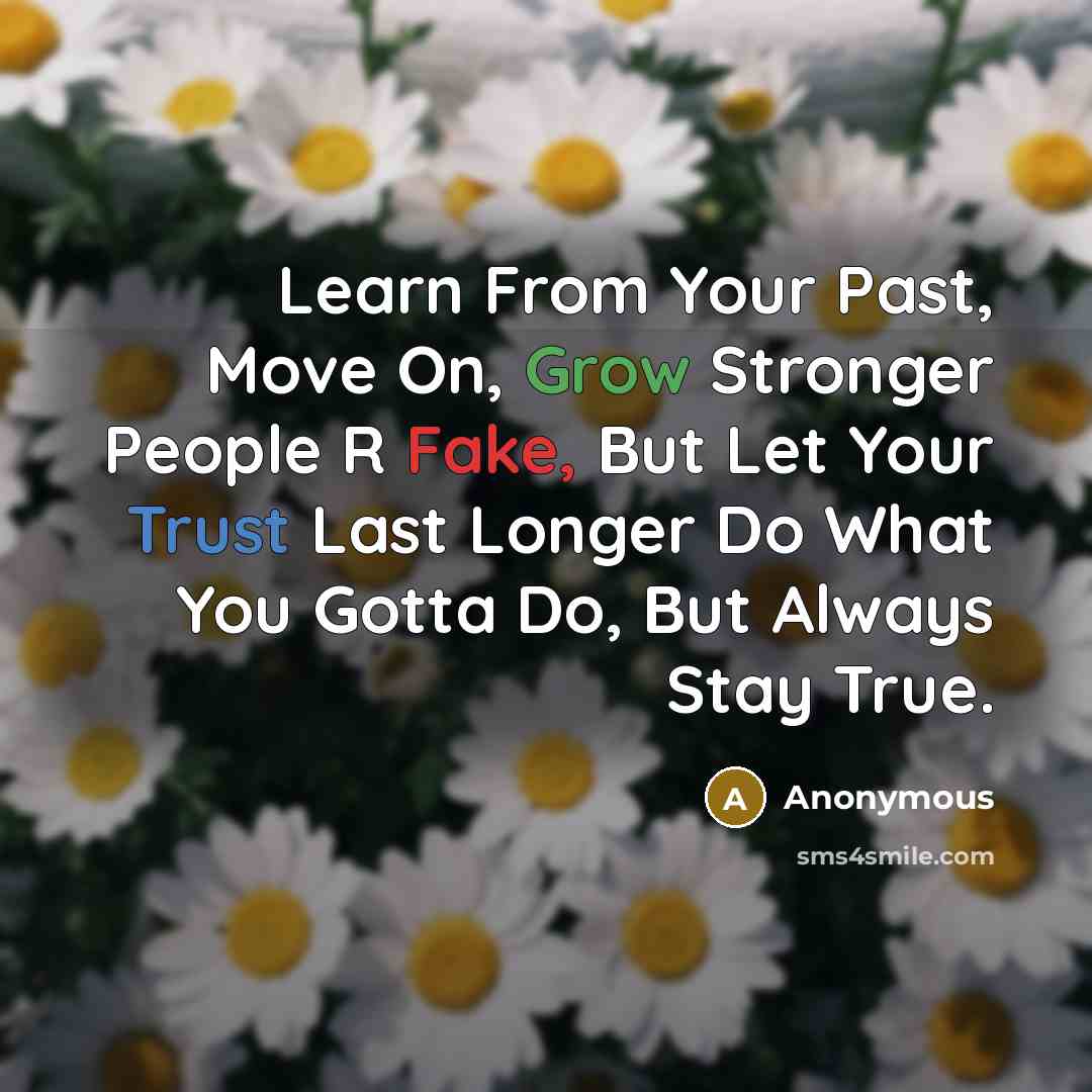 “Learn From Your Past, Move On, Grow Stronger People R Fake, But Let Your Trust Last Longer Do What You Gotta Do, But Always Stay True.” quote by Anonymous