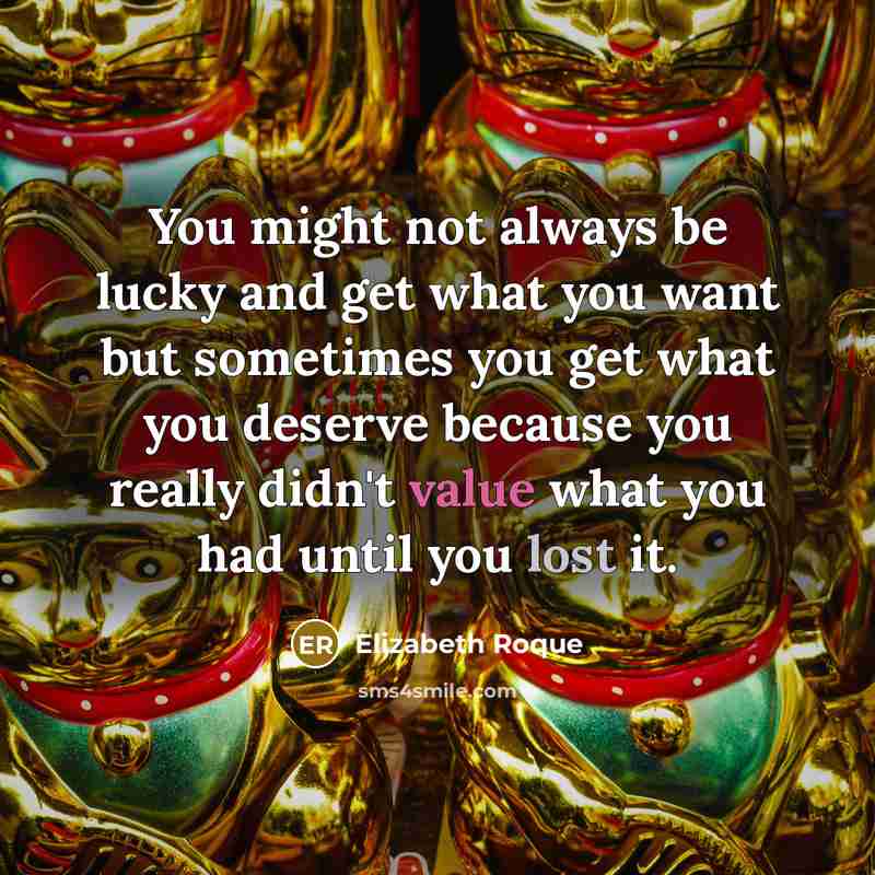 “You might not always be lucky and get what you want but sometimes you get what you deserve because you really didn't value what you had until you lost it.” quote by Elizabeth Roque