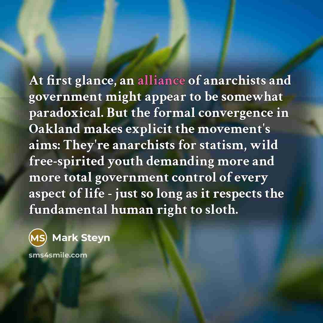 “At first glance, an alliance of anarchists and government might…” quote by Mark Steyn