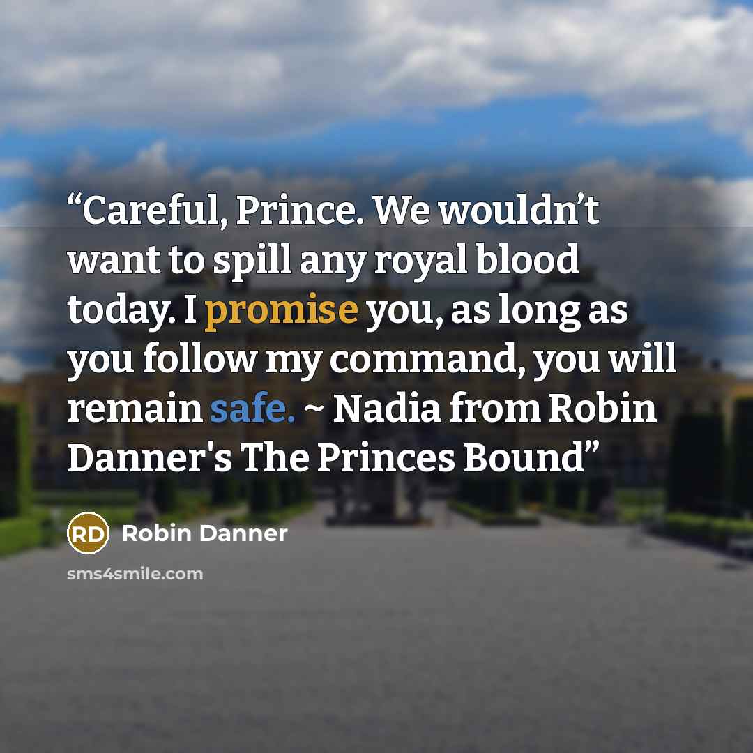 “Careful, Prince. We wouldn’t want to spill any royal blood today. I promise you, as long as you follow my command, you will remain safe. ~ Nadia from Robin Danner's The Princes Bound” quote by Robin Danner