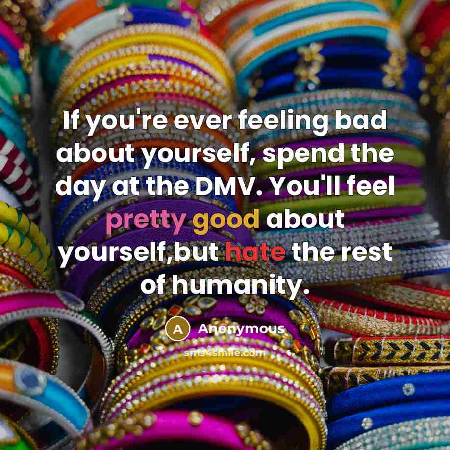 “If you're ever feeling bad about yourself, spend the day at the DMV. You'll feel pretty good about yourself,but hate the rest of humanity.” quote by Anonymous