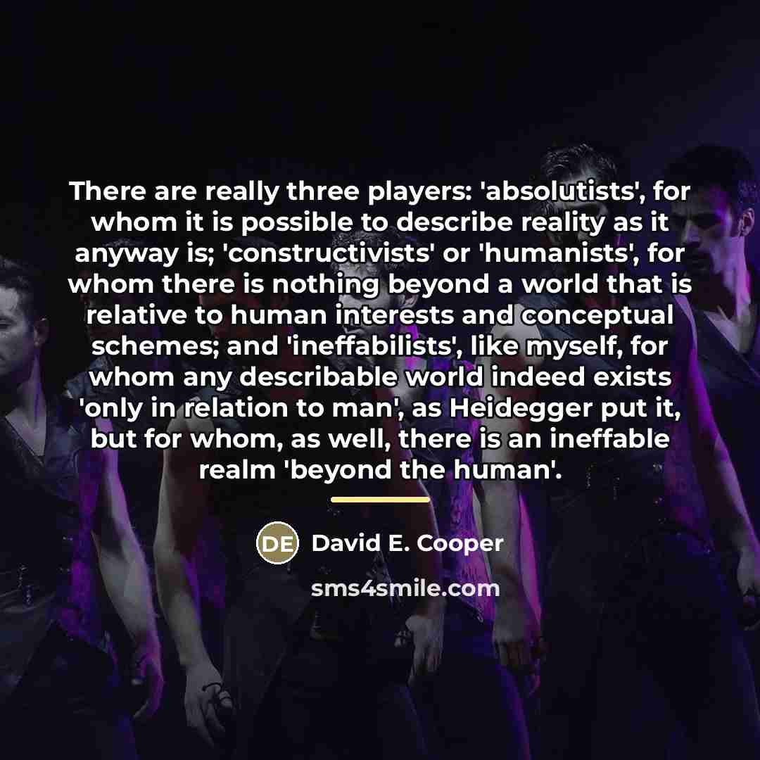 “There are really three players: 'absolutists', for whom it is…” quote by David E. Cooper