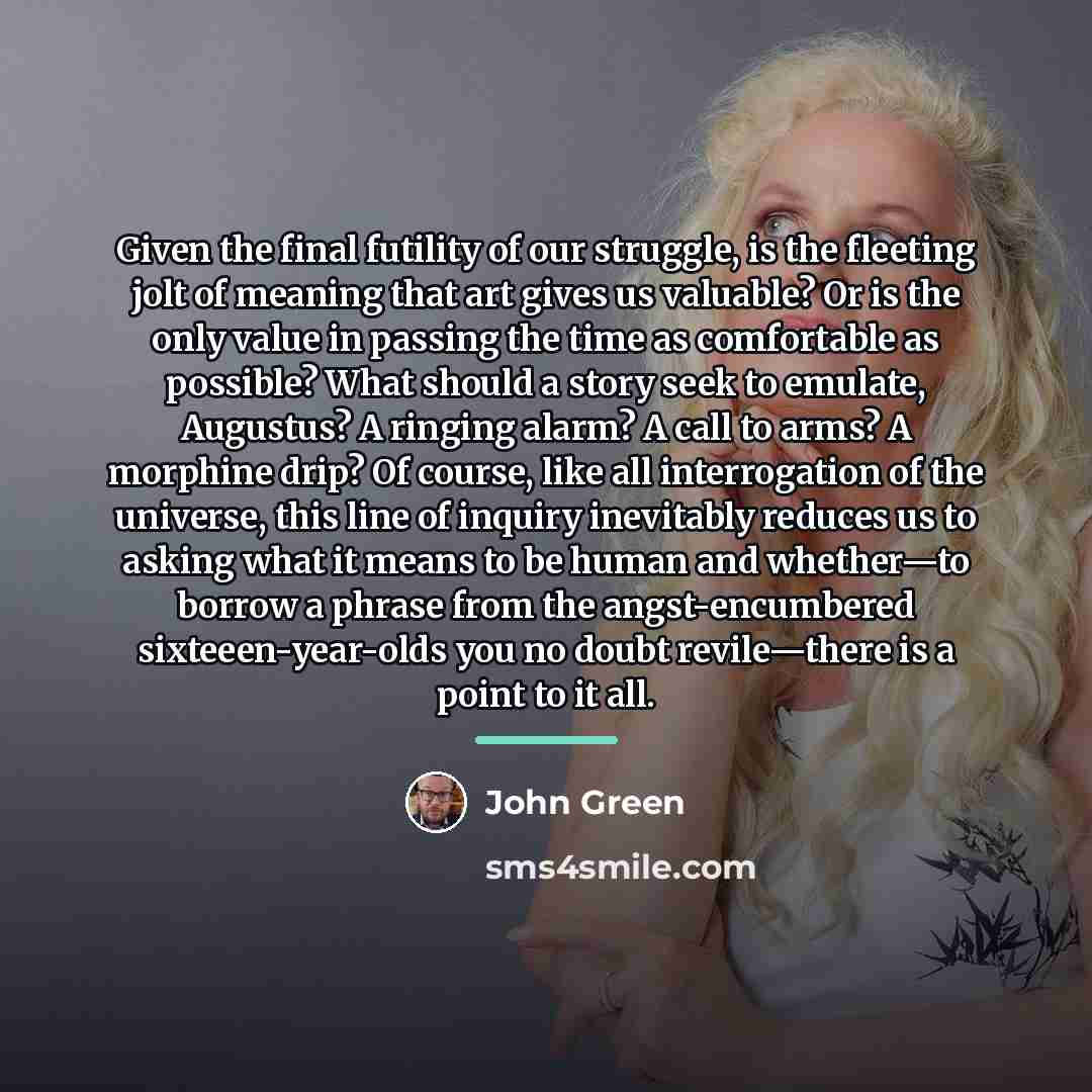 “Given the final futility of our struggle, is the fleeting…” quote by John Green