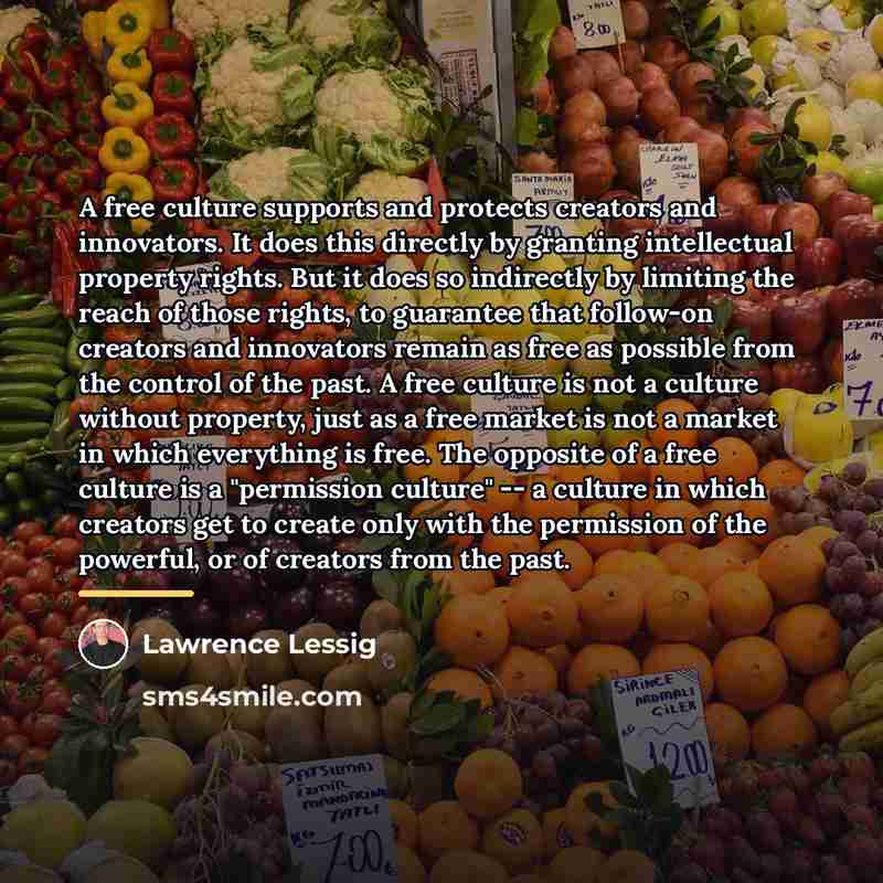 “A free culture supports and protects creators and innovators. It…” quote by Lawrence Lessig
