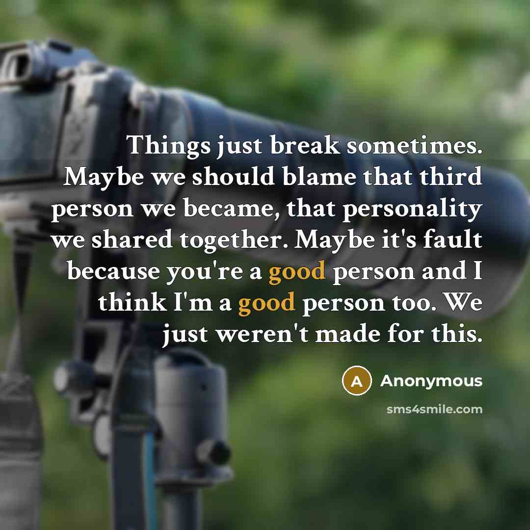 “Things just break sometimes. Maybe we should blame that third person we became, that personality we shared together. Maybe it's fault because you're a good person and I think I'm a good person too. We just weren't made for this.” quote by Anonymous