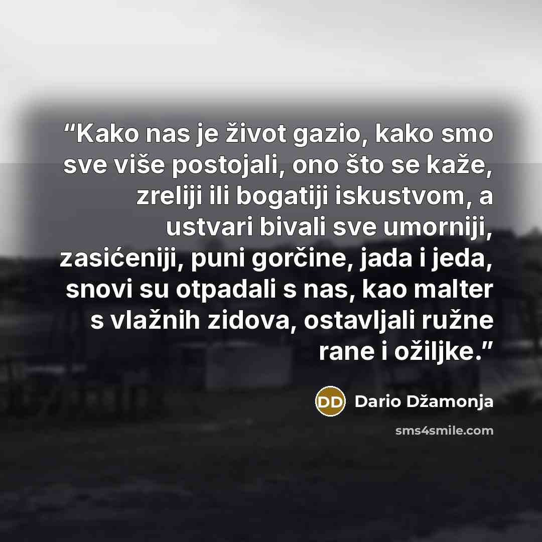 “Kako nas je život gazio, kako smo sve više postojali, ono što se kaže, zreliji ili bogatiji iskustvom, a ustvari bivali sve umorniji, zasićeniji, puni gorčine, jada i jeda, snovi su otpadali s nas, kao malter s vlažnih zidova, ostavljali ružne rane i ožiljke.” quote by Dario Džamonja