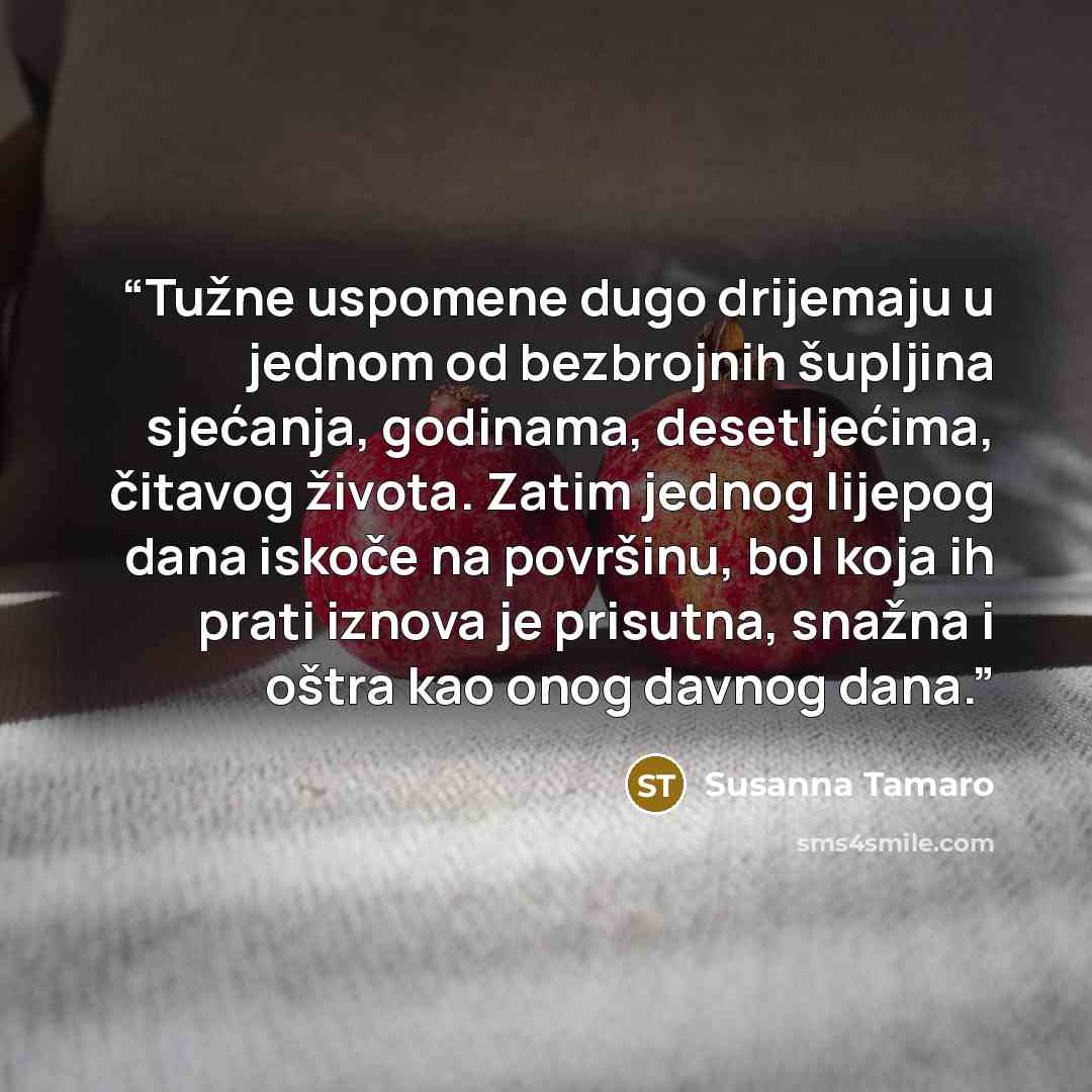 “Tužne uspomene dugo drijemaju u jednom od bezbrojnih šupljina sjećanja, godinama, desetljećima, čitavog života. Zatim jednog lijepog dana iskoče na površinu, bol koja ih prati iznova je prisutna, snažna i oštra kao onog davnog dana.” quote by Susanna Tamaro