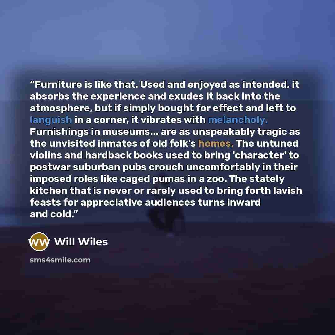 “Furniture is like that. Used and enjoyed as intended, it absorbs the experience and exudes it back into the atmosphere, but if simply bought for effect and left to languish in a corner, it vibrates with melancholy. Furnishings in museums... are as unspeakably tragic as the unvisited inmates of old…” quote by Will Wiles