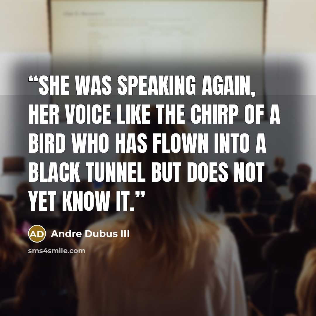“She was speaking again, her voice like the chirp of a bird who has flown into a black tunnel but does not yet know it.” quote by Andre Dubus III