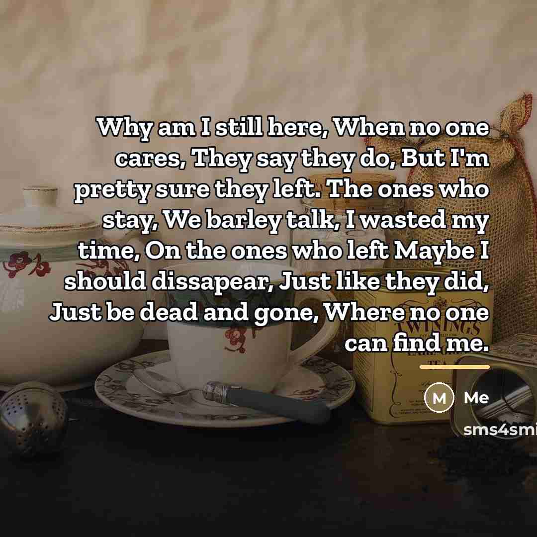 “Why am I still here, When no one cares, They…” quote by Me