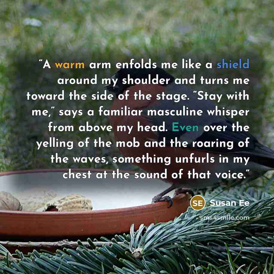 “A warm arm enfolds me like a shield around my shoulder and turns me toward the side of the stage. “Stay with me,” says a familiar masculine whisper from above my head. Even over the yelling of the mob and the roaring of the waves, something unfurls in my chest at the sound of that voice.” quote by Susan Ee