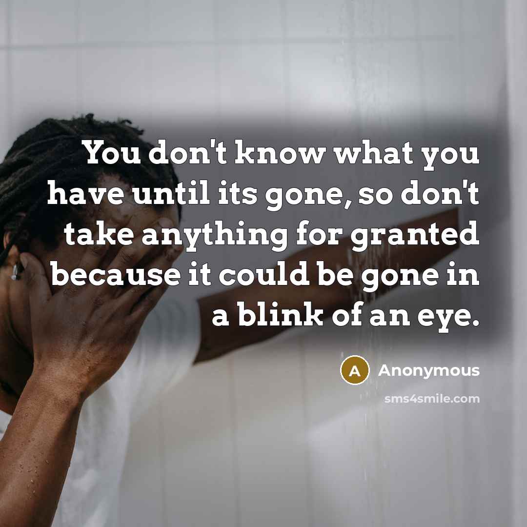 “You don't know what you have until its gone, so don't take anything for granted because it could be gone in a blink of an eye.” quote by Anonymous