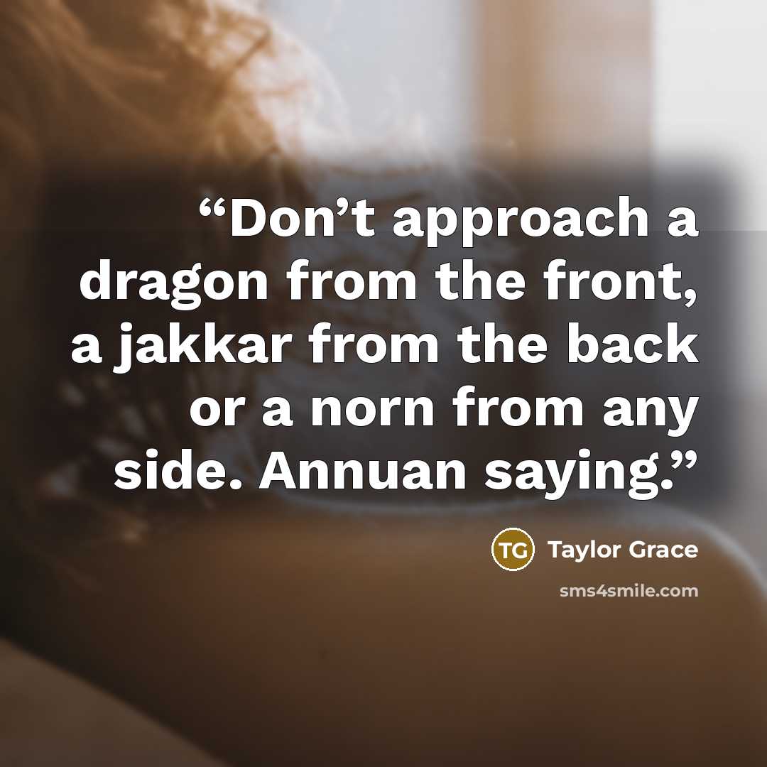 “Don’t approach a dragon from the front, a jakkar from the back or a norn from any side. Annuan saying.” quote by Taylor Grace