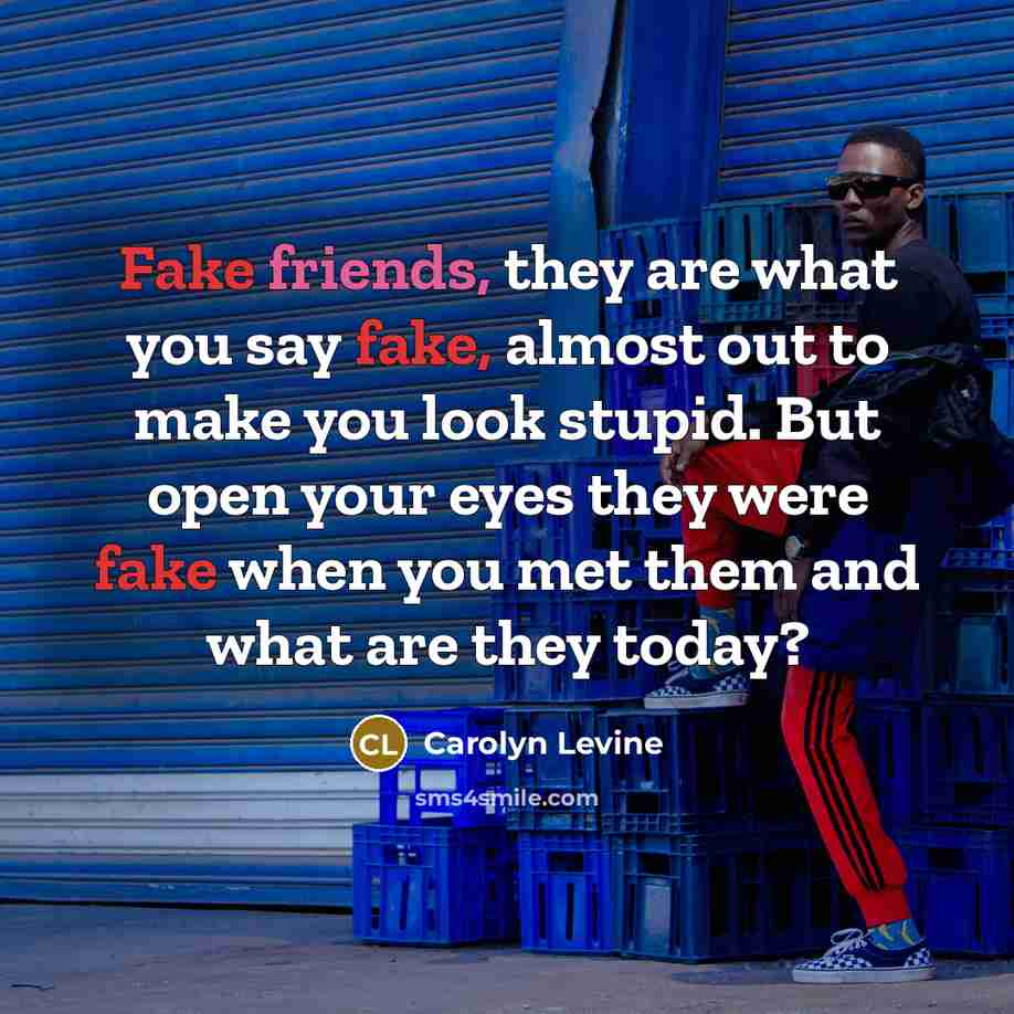 “Fake friends, they are what you say fake, almost out to make you look stupid. But open your eyes they were fake when you met them and what are they today?” quote by Carolyn Levine
