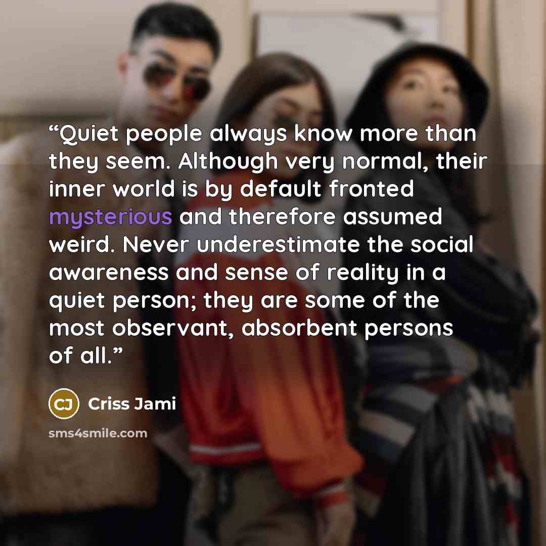 “Quiet people always know more than they seem. Although very normal, their inner world is by default fronted mysterious and therefore assumed weird. Never underestimate the social awareness and sense of reality in a quiet person; they are some of the most observant, absorbent persons of all.” quote by Criss Jami