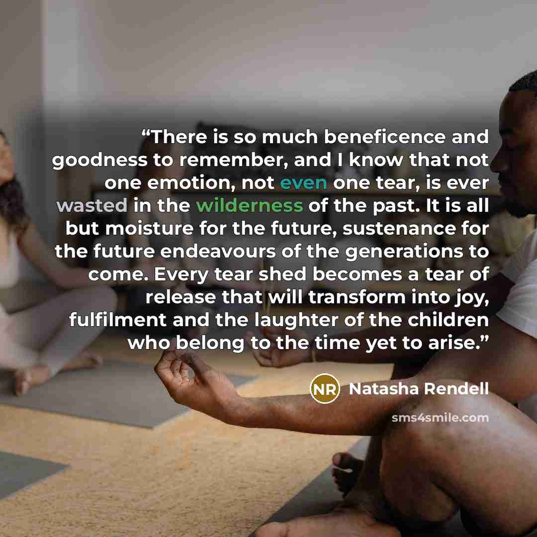 “There is so much beneficence and goodness to remember, and I know that not one emotion, not even one tear, is ever wasted in the wilderness of the past. It is all but moisture for the future, sustenance for the future endeavours of the generations to come. Every tear shed becomes a tear of release…” quote by Natasha Rendell