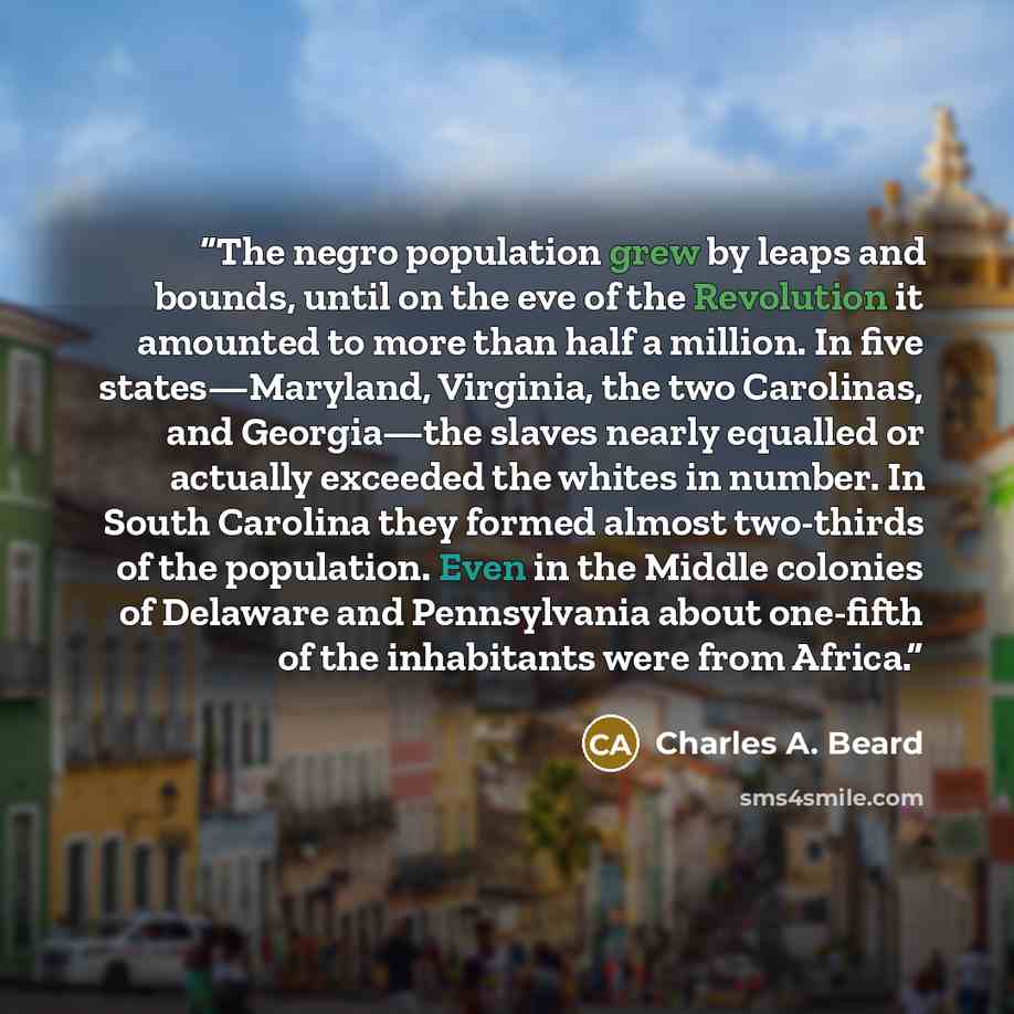 “The negro population grew by leaps and bounds, until on the eve of the Revolution it amounted to more than half a million. In five states—Maryland, Virginia, the two Carolinas, and Georgia—the slaves nearly equalled or actually exceeded the whites in number. In South Carolina they formed almost…” quote by Charles A. Beard