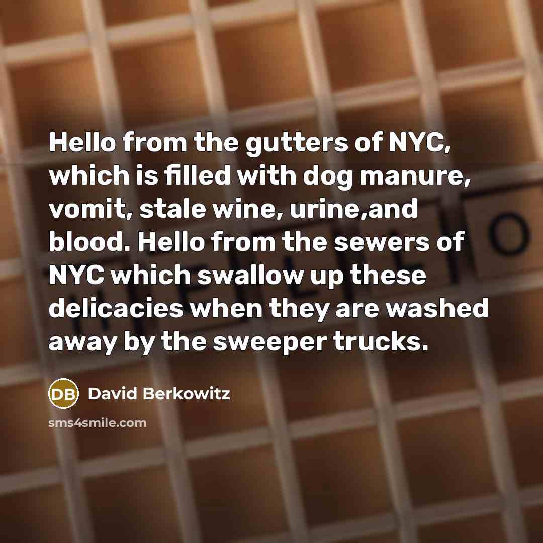 “Hello from the gutters of NYC, which is filled with…” quote by David Berkowitz