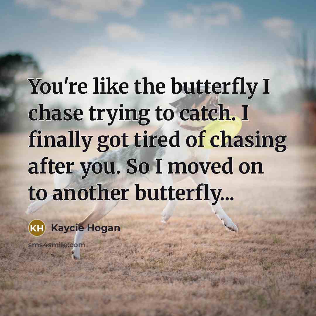 “You're like the butterfly I chase trying to catch. I finally got tired of chasing after you. So I moved on to another butterfly...” quote by Kaycie Hogan