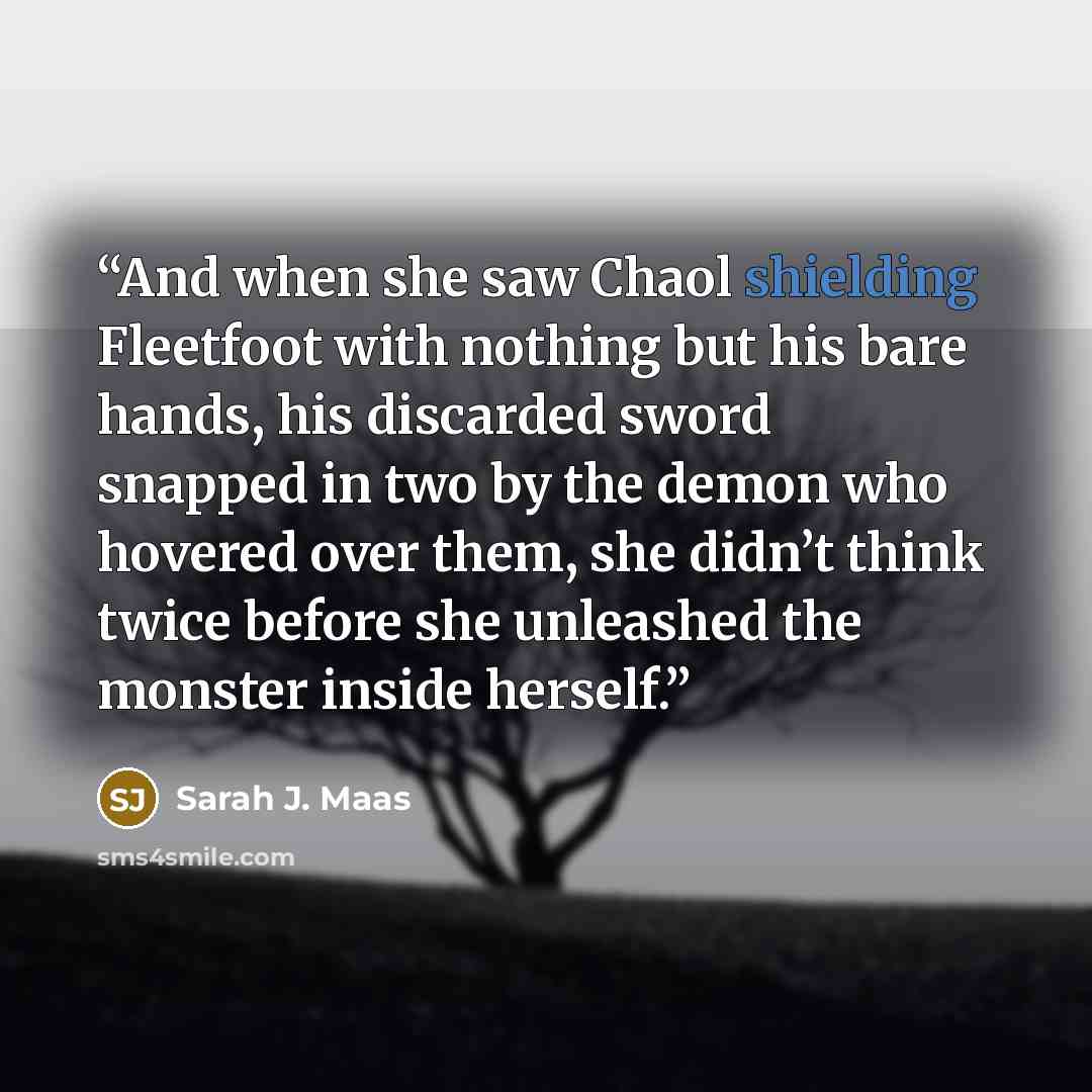 “And when she saw Chaol shielding Fleetfoot with nothing but his bare hands, his discarded sword snapped in two by the demon who hovered over them, she didn’t think twice before she unleashed the monster inside herself.” quote by Sarah J. Maas